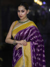Banarasee Handloom Semi Silk Saree With Contrast Border & Lace-Violet & Yellow