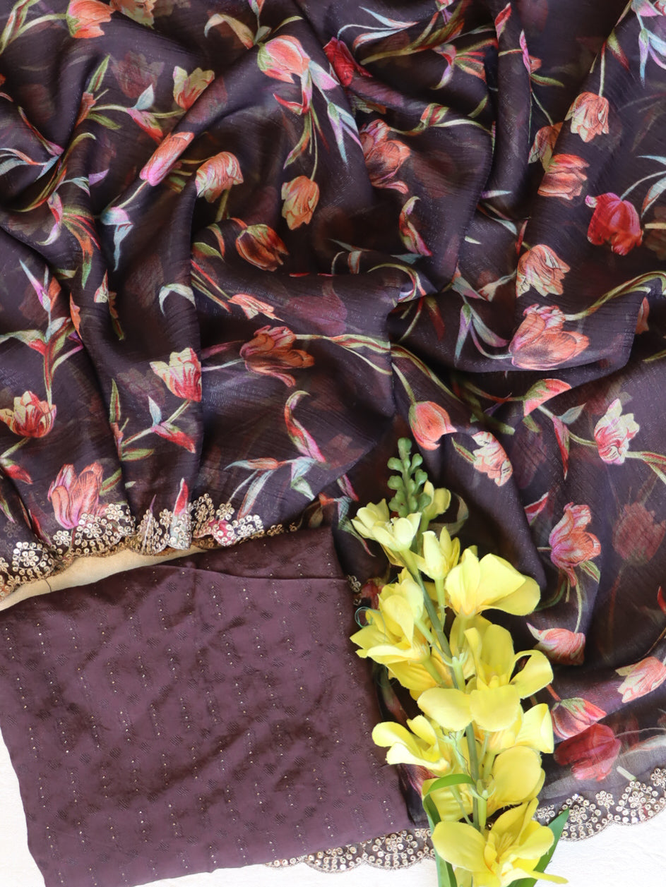 Banarasee Chiffon Floral Print Saree & Hand Work With Scallop Border-Brown