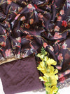 Banarasee Chiffon Floral Print Saree & Hand Work With Scallop Border-Brown