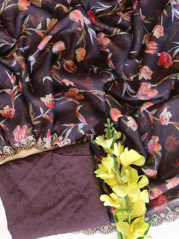 Banarasee Chiffon Floral Print Saree & Hand Work With Scallop Border-Brown
