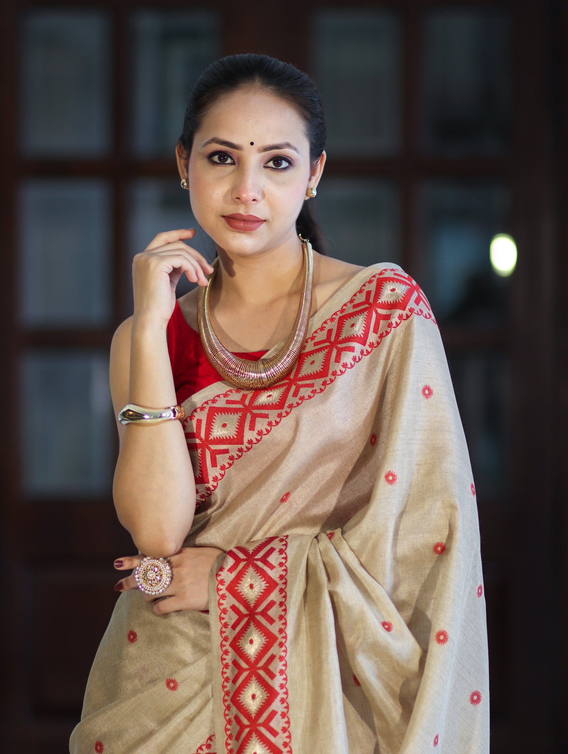 Banarasee Handwoven Semi-Tussar Saree With Resham Work & Geometric Border-Beige & Red