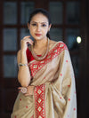 Banarasee Handwoven Semi-Tussar Saree With Resham Work & Geometric Border-Beige & Red