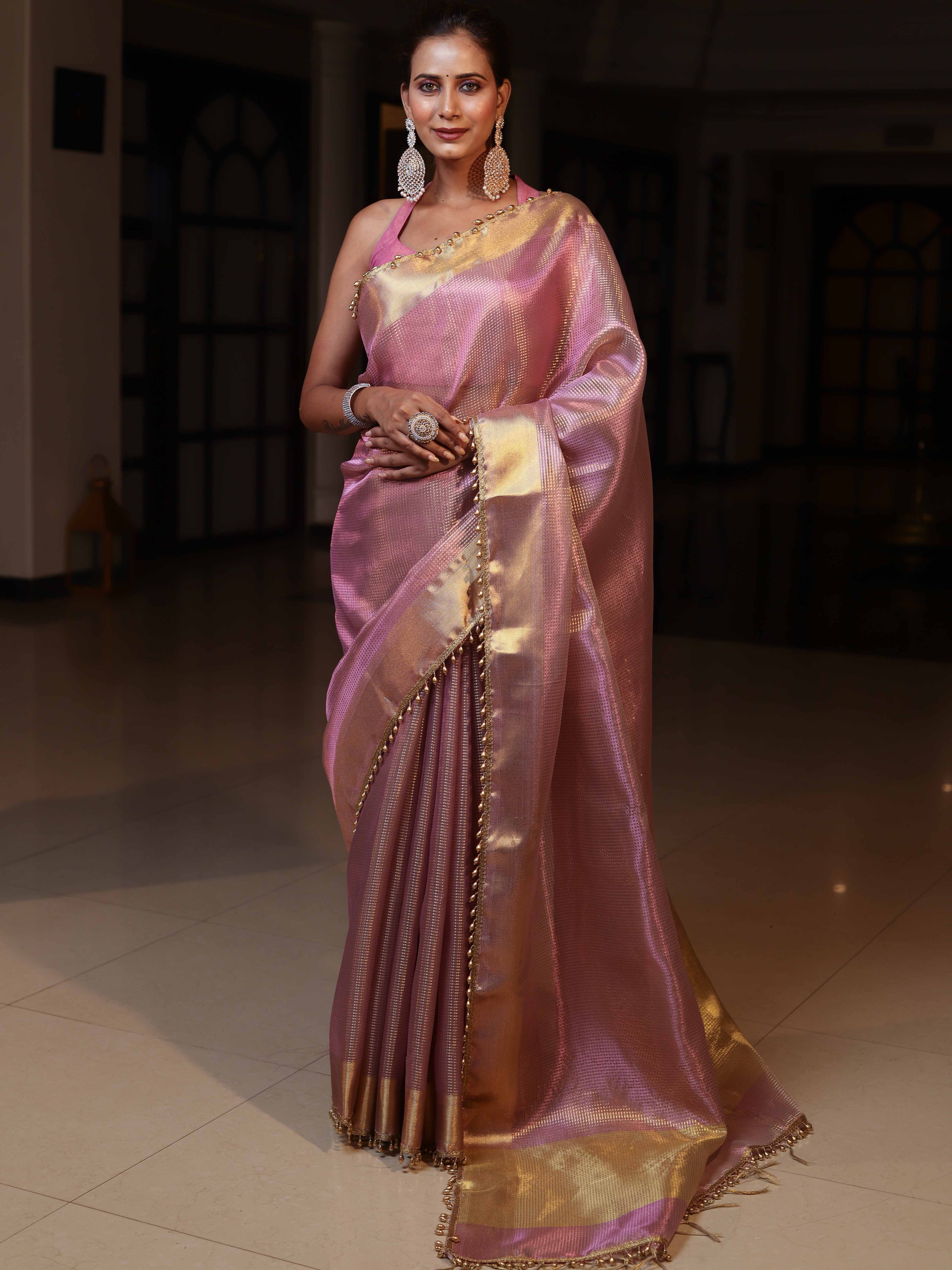 Banarasee Tissue Saree With Stripes Design Tanchoi Border & Lace-Light Pink
