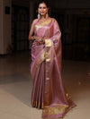 Banarasee Tissue Saree With Stripes Design Tanchoi Border & Lace-Light Pink