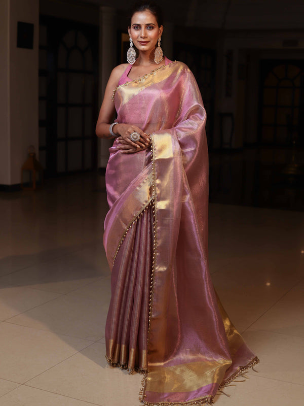 Banarasee Tissue Saree With Stripes Design Tanchoi Border & Lace-Light Pink