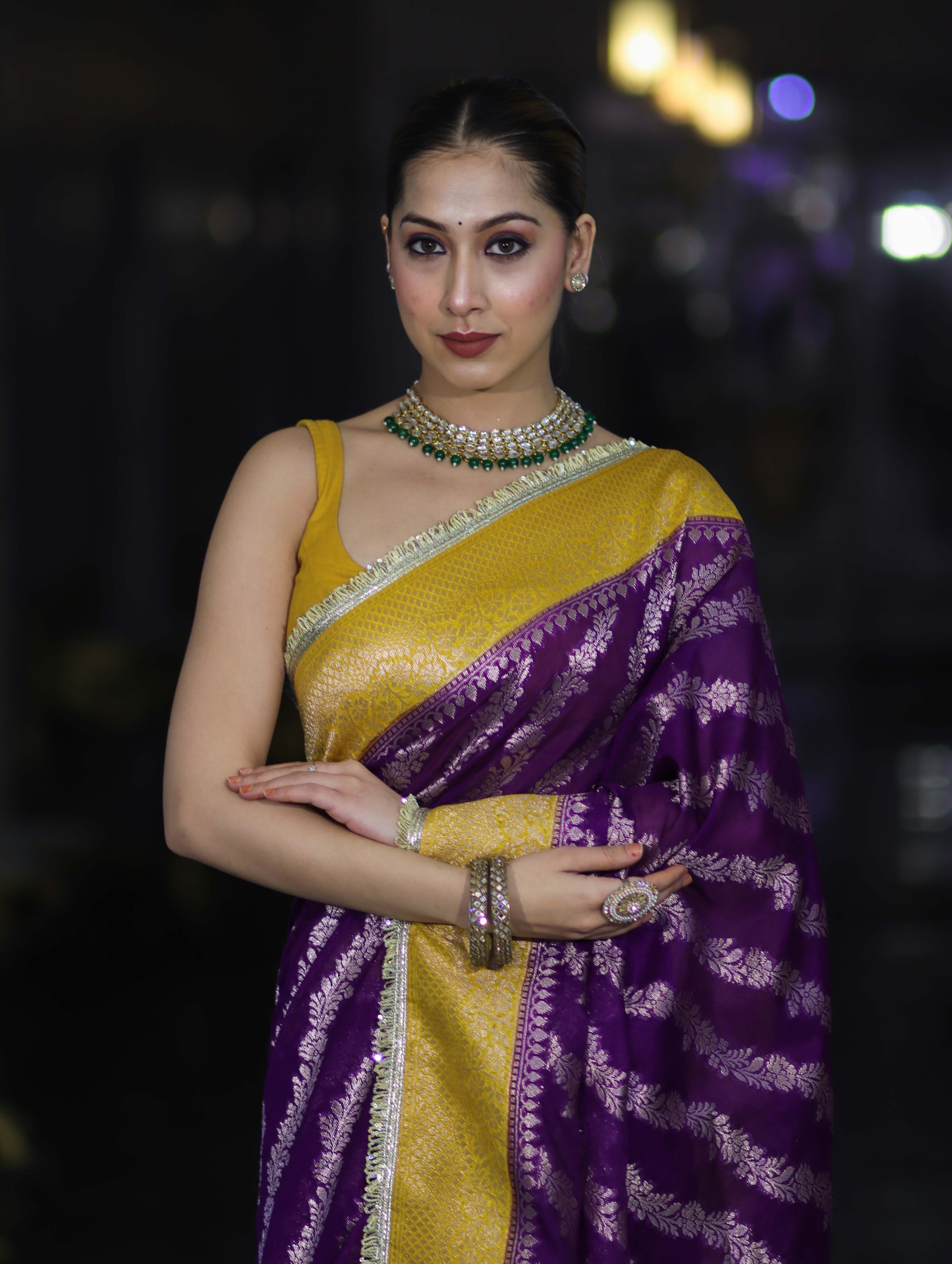 Banarasee Handloom Semi Silk Saree With Contrast Border & Lace-Violet & Yellow