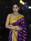 Banarasee Handloom Semi Silk Saree With Contrast Border & Lace-Violet & Yellow