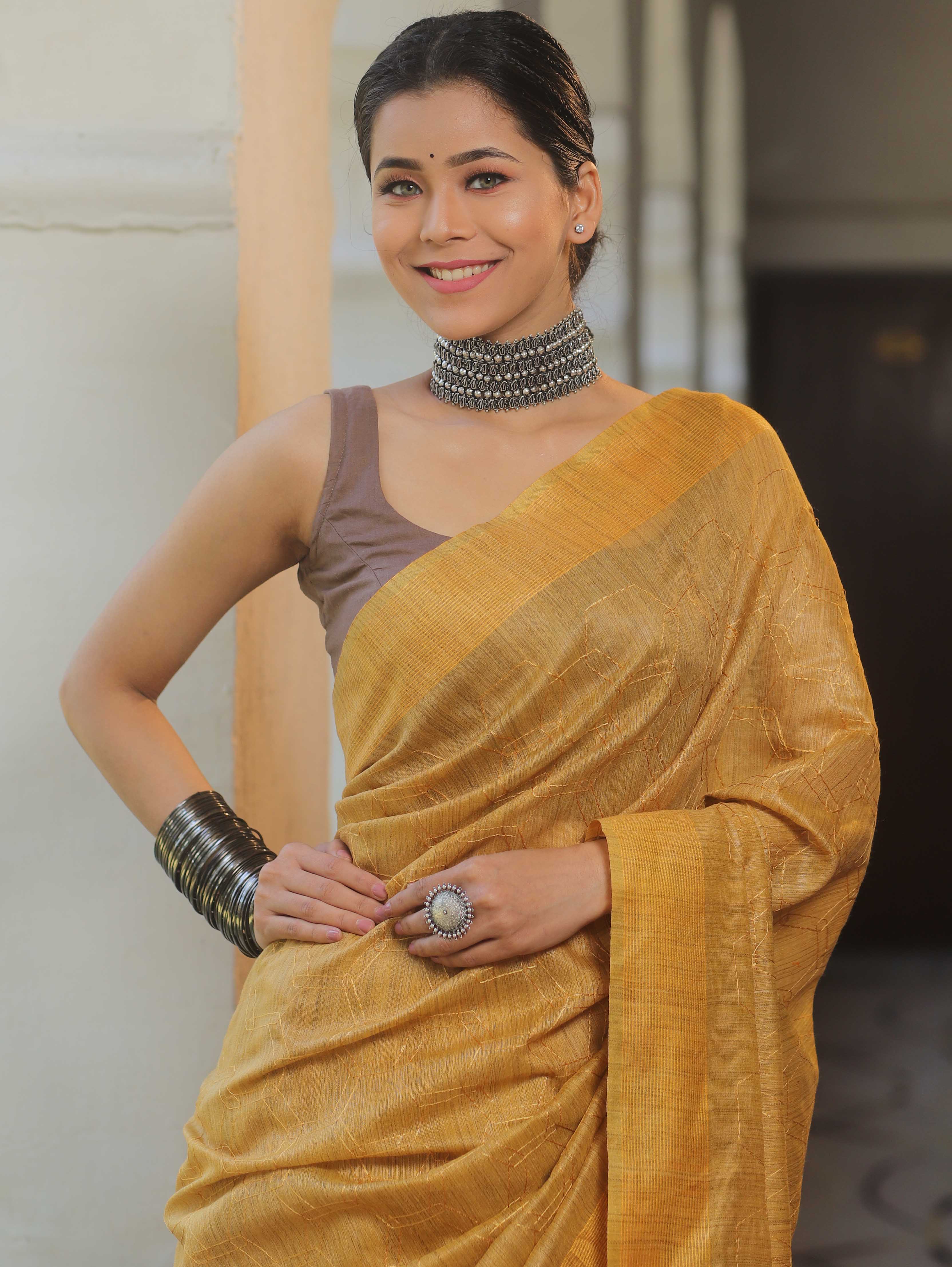 Bhagalpur Cotton Silk Ghichha Work Embroidered Saree-Yellow