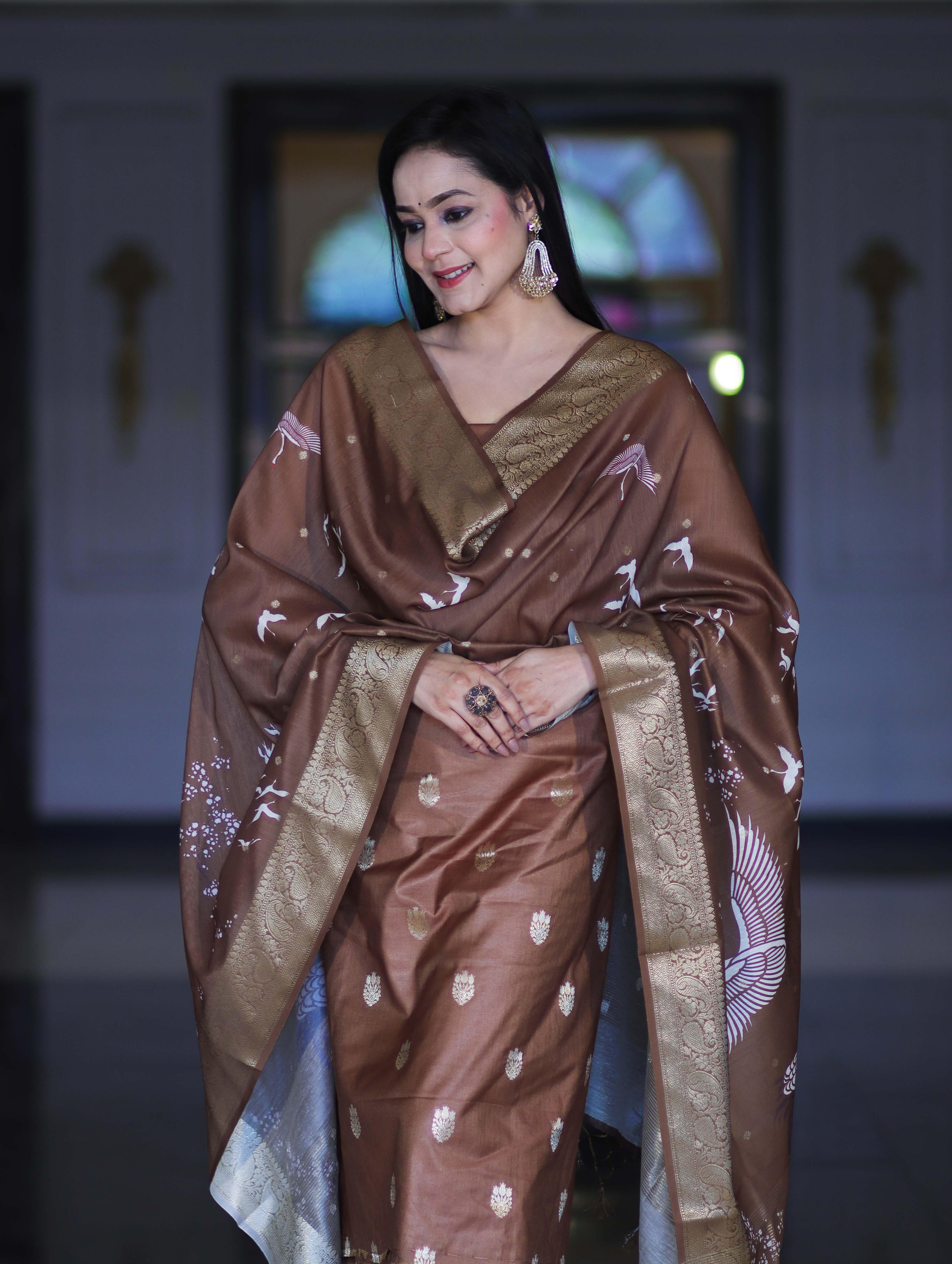 Banarasee Semi-Silk Zari Work Salwar Kameez Fabric With Digital Printed Dupatta Set-Brown