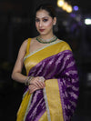 Banarasee Handloom Semi Silk Saree With Contrast Border & Lace-Violet & Yellow