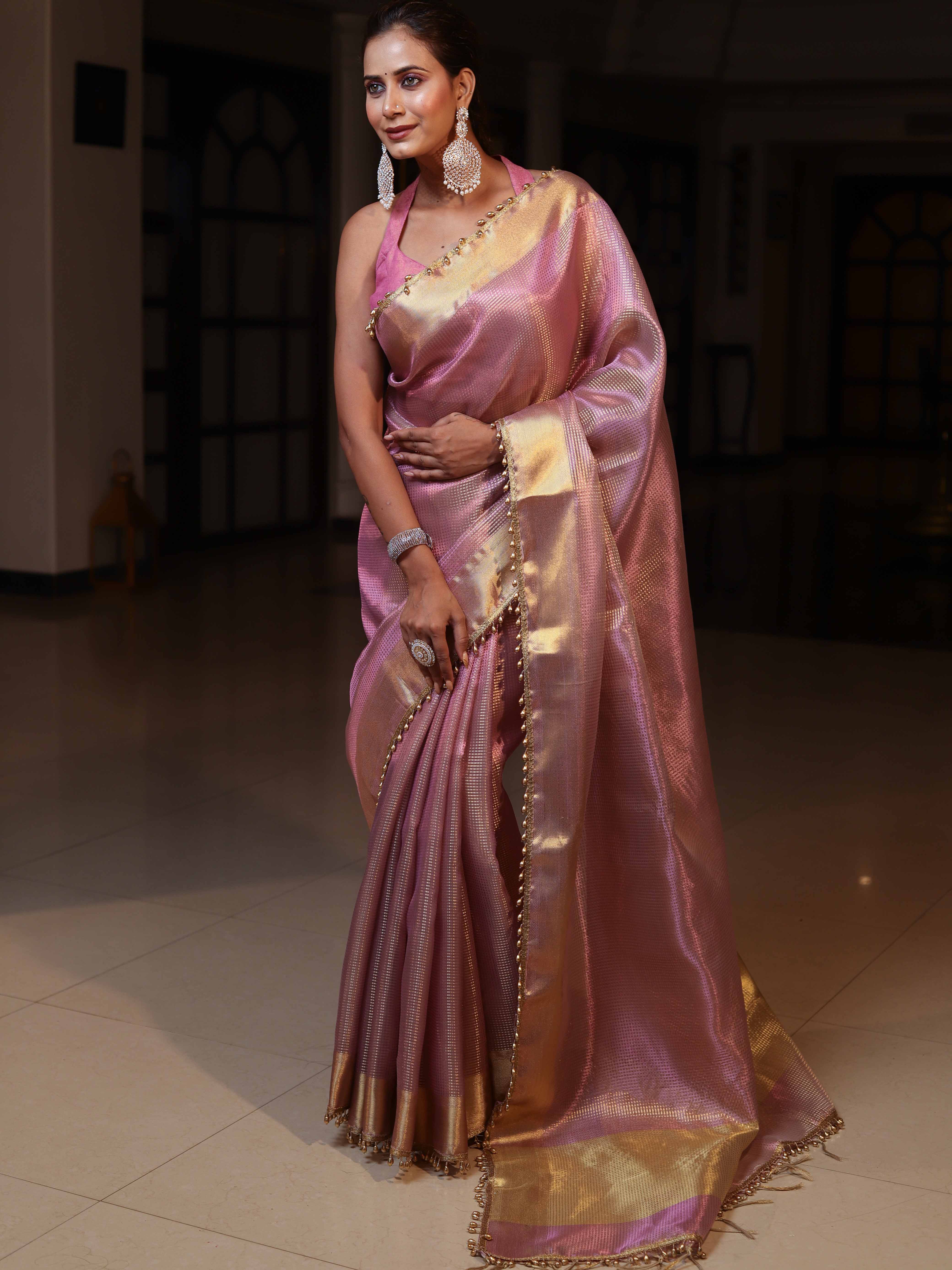 Banarasee Tissue Saree With Stripes Design Tanchoi Border & Lace-Light Pink