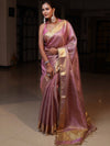 Banarasee Tissue Saree With Stripes Design Tanchoi Border & Lace-Light Pink