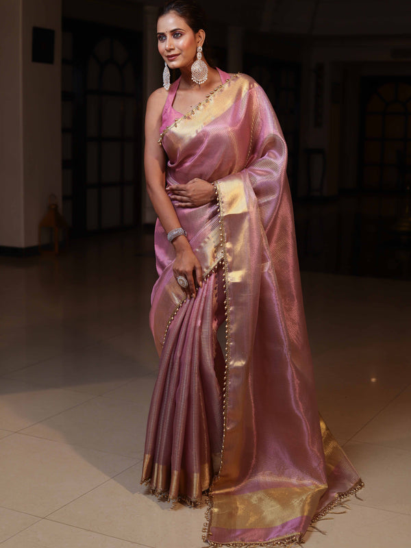 Banarasee Tissue Saree With Stripes Design Tanchoi Border & Lace-Light Pink