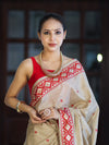 Banarasee Handwoven Semi-Tussar Saree With Resham Work & Geometric Border-Beige & Red