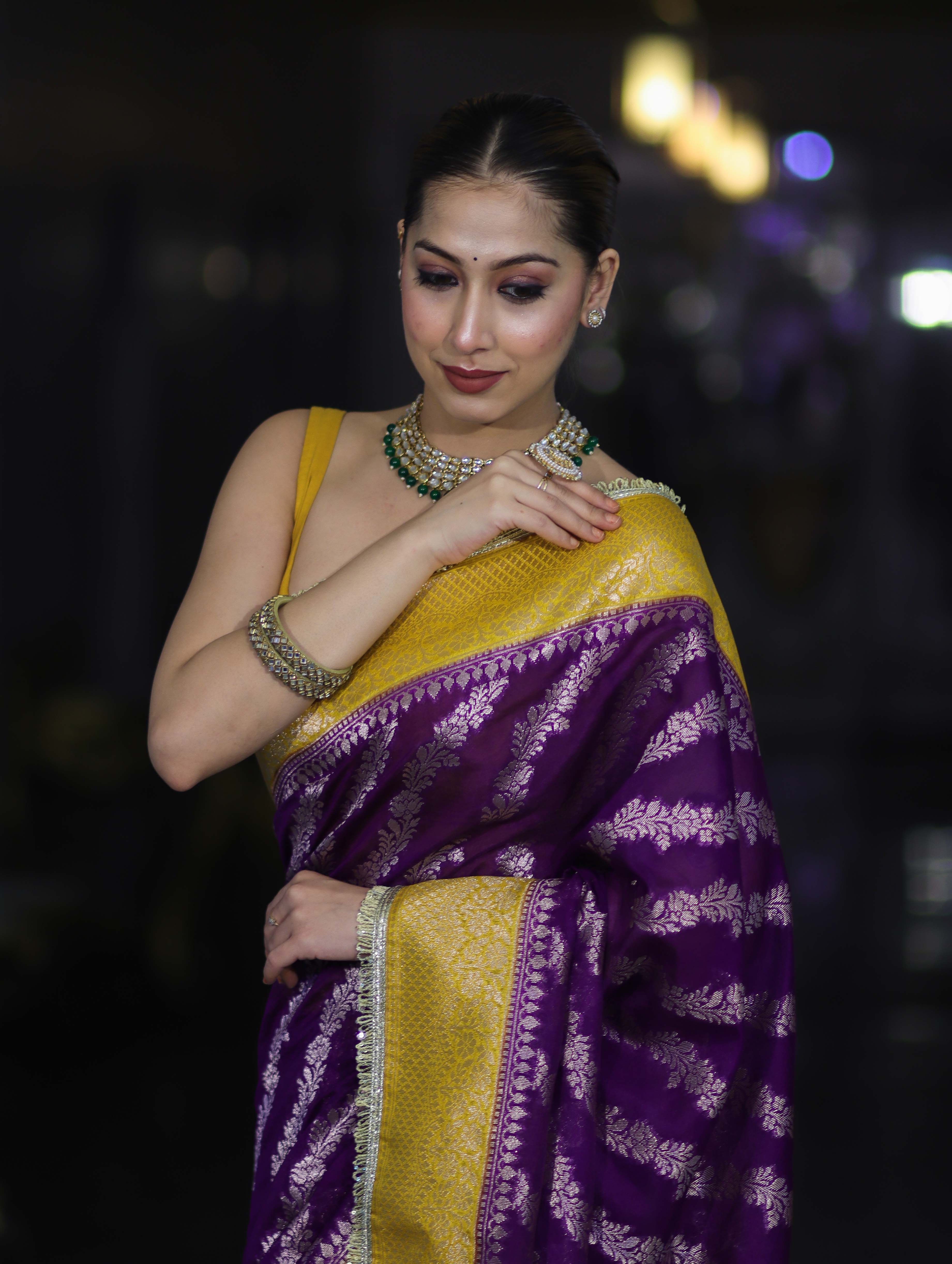 Banarasee Handloom Semi Silk Saree With Contrast Border & Lace-Violet & Yellow