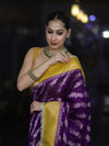 Banarasee Handloom Semi Silk Saree With Contrast Border & Lace-Violet & Yellow