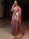 Banarasee Tissue Saree With Stripes Design Tanchoi Border & Lace-Light Pink