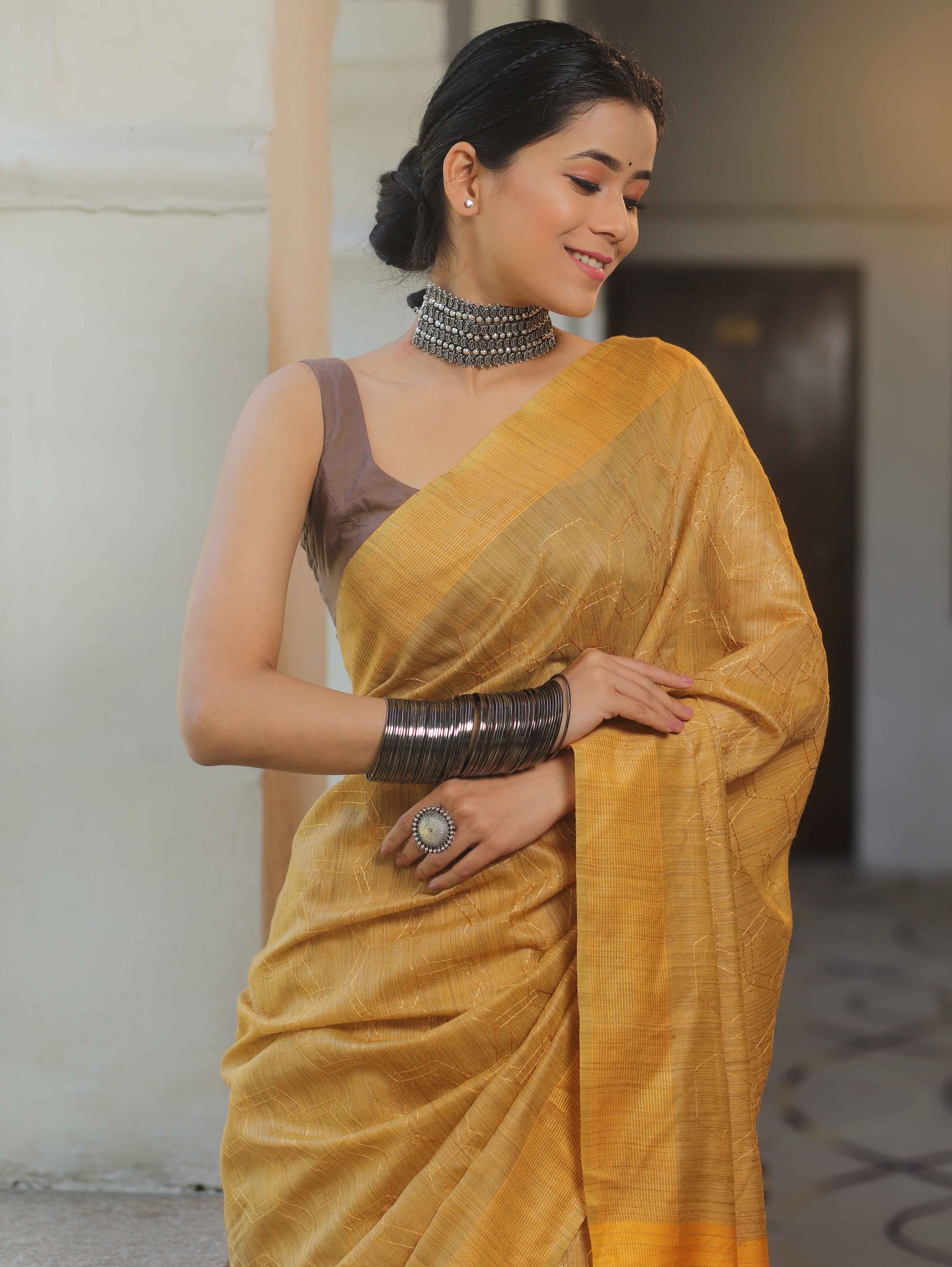 Bhagalpur Cotton Silk Ghichha Work Embroidered Saree-Yellow