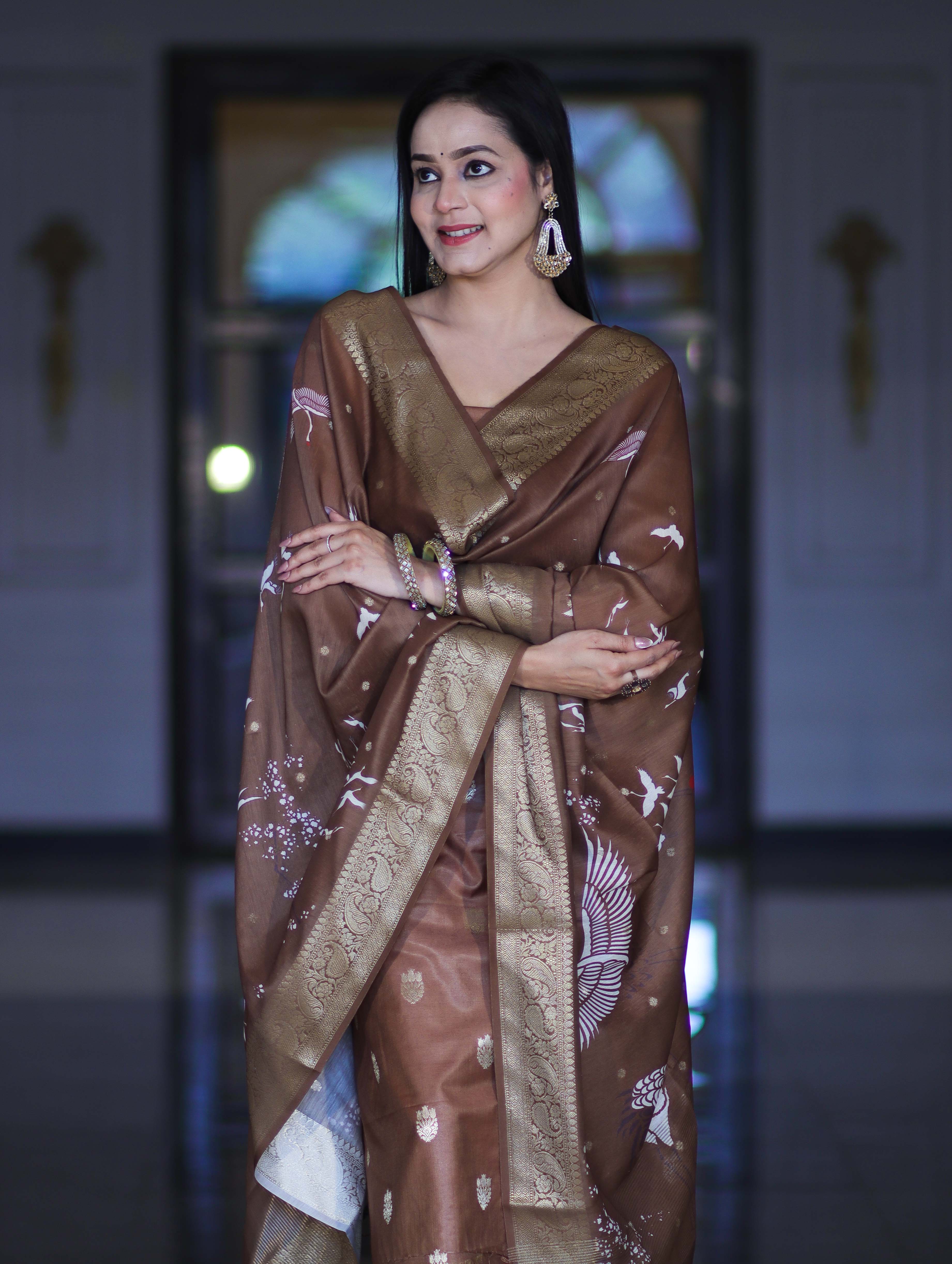 Banarasee Semi-Silk Zari Work Salwar Kameez Fabric With Digital Printed Dupatta Set-Brown