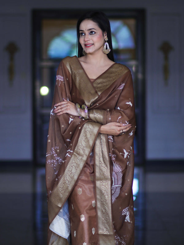 Banarasee Semi-Silk Zari Work Salwar Kameez Fabric With Digital Printed Dupatta Set-Brown
