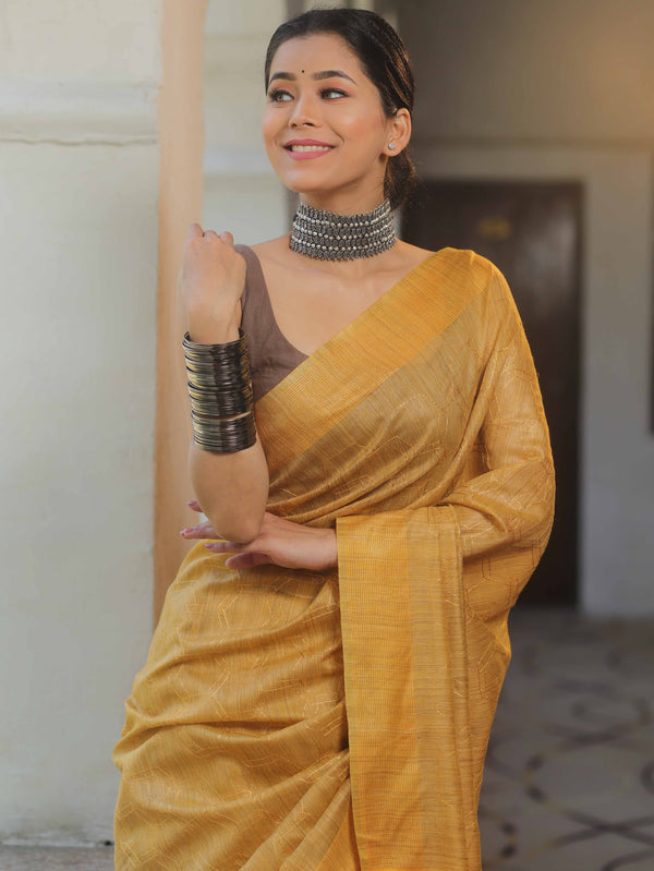 Bhagalpur Cotton Silk Ghichha Work Embroidered Saree-Yellow