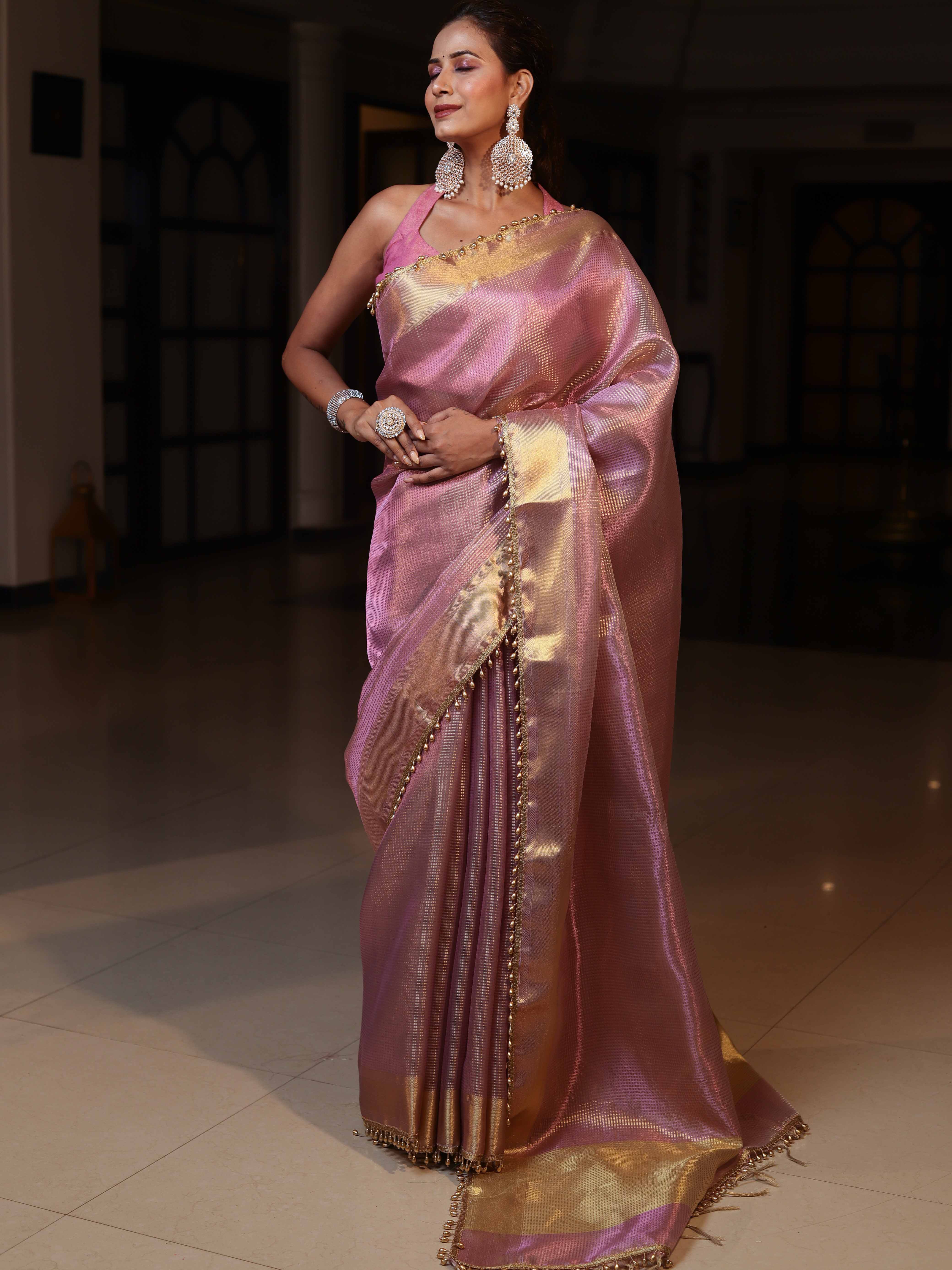 Banarasee Tissue Saree With Stripes Design Tanchoi Border & Lace-Light Pink
