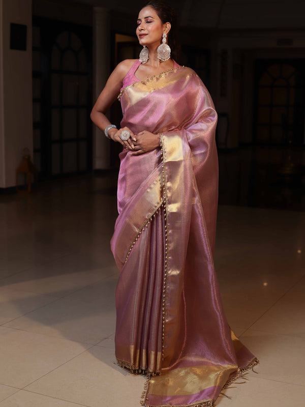 Banarasee Tissue Saree With Stripes Design Tanchoi Border & Lace-Light Pink