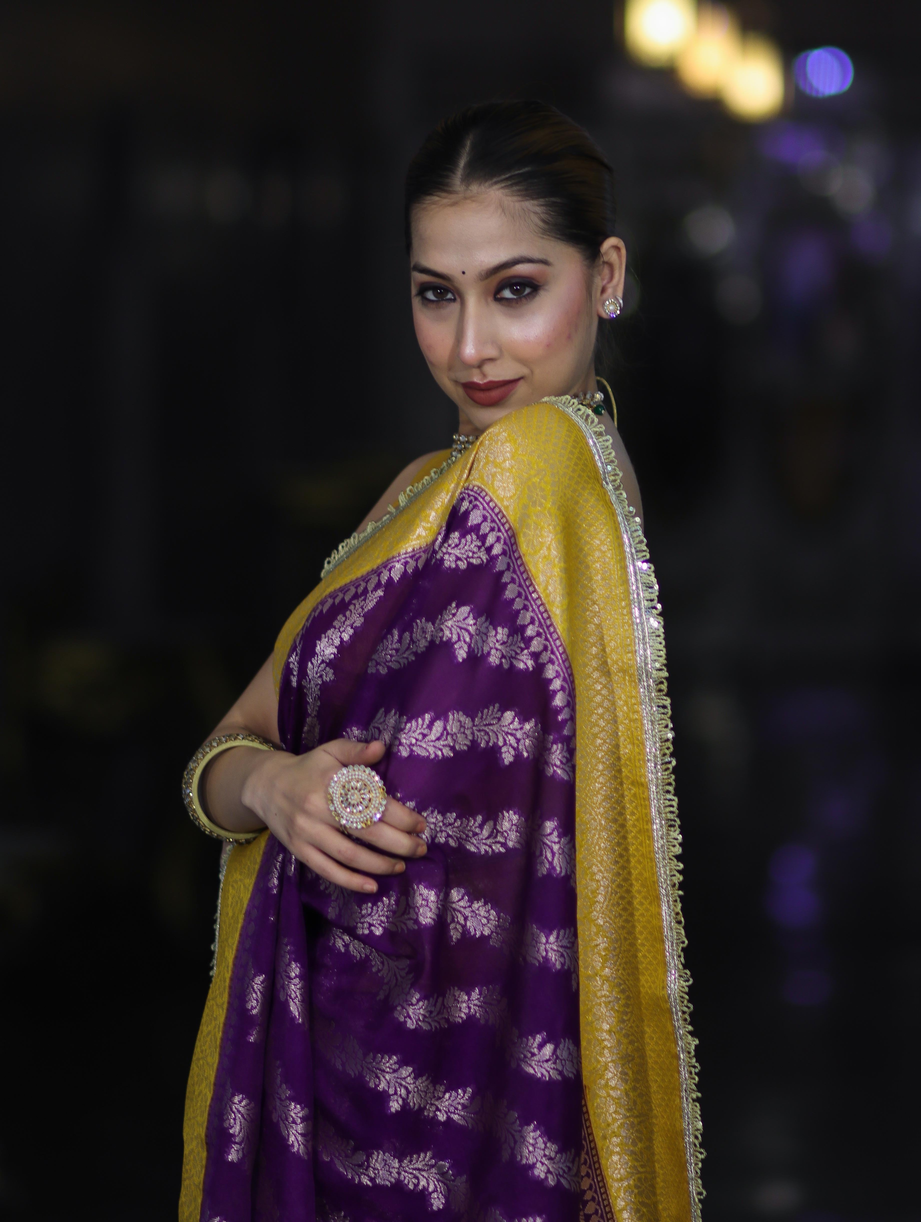 Banarasee Handloom Semi Silk Saree With Contrast Border & Lace-Violet & Yellow