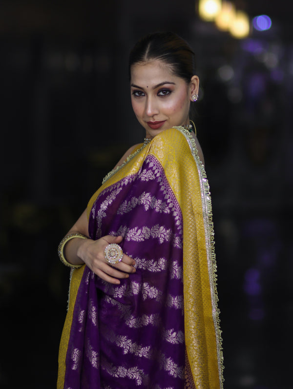 Banarasee Handloom Semi Silk Saree With Contrast Border & Lace-Violet & Yellow
