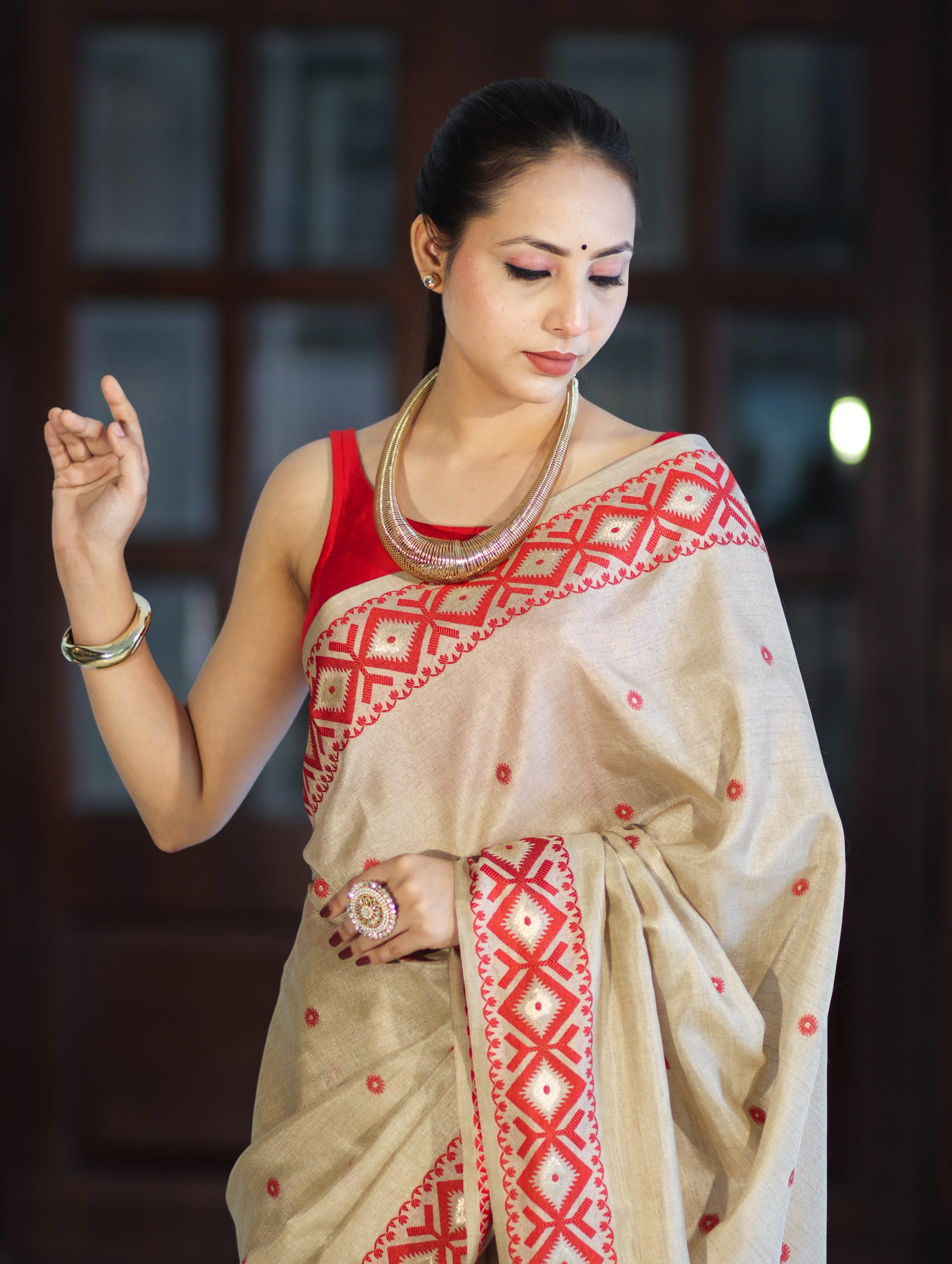 Banarasee Handwoven Semi-Tussar Saree With Resham Work & Geometric Border-Beige & Red