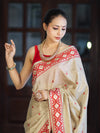 Banarasee Handwoven Semi-Tussar Saree With Resham Work & Geometric Border-Beige & Red