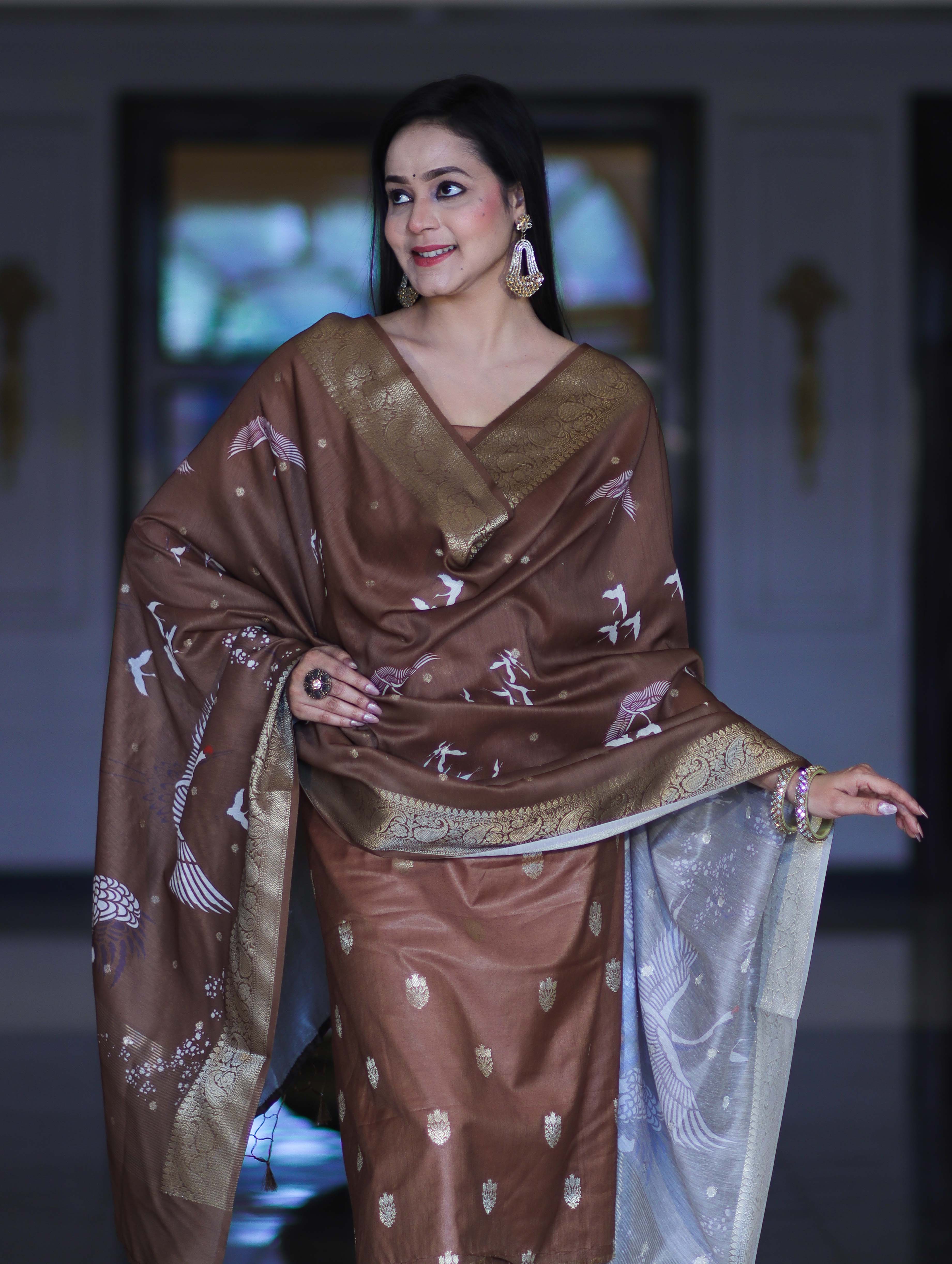Banarasee Semi-Silk Zari Work Salwar Kameez Fabric With Digital Printed Dupatta Set-Brown