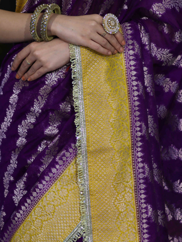 Banarasee Handloom Semi Silk Saree With Contrast Border & Lace-Violet & Yellow