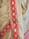 Banarasee Handwoven Semi-Tussar Saree With Resham Work & Geometric Border-Beige & Red