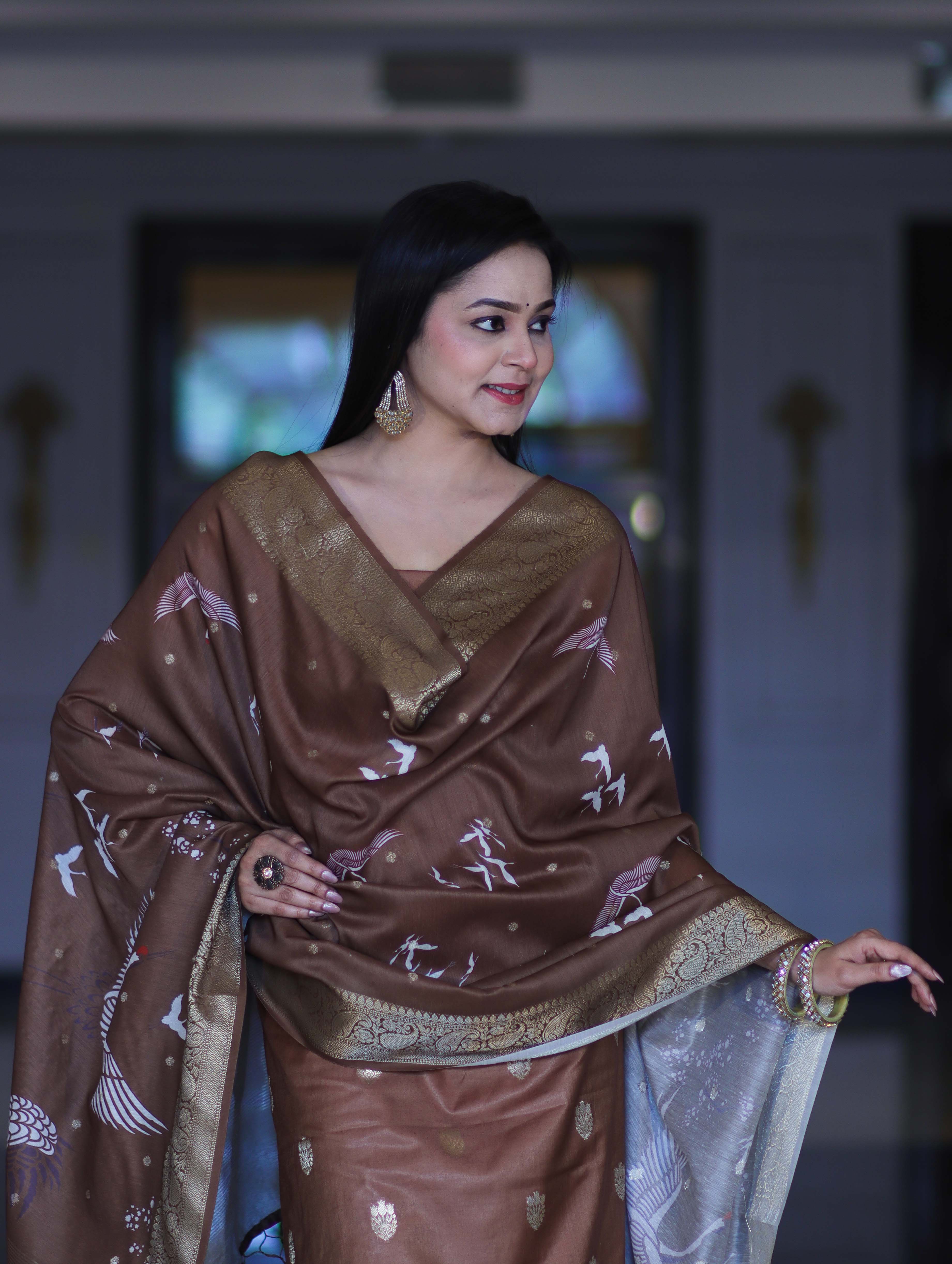 Banarasee Semi-Silk Zari Work Salwar Kameez Fabric With Digital Printed Dupatta Set-Brown