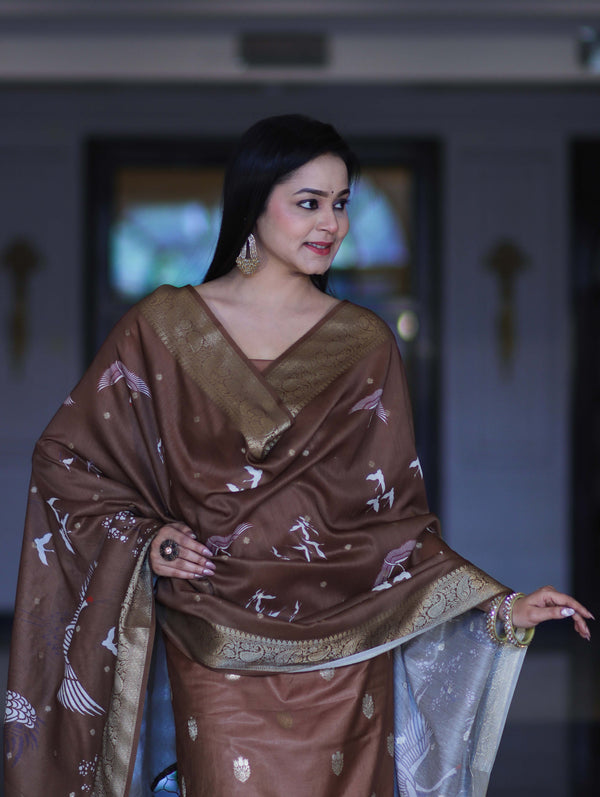 Banarasee Semi-Silk Zari Work Salwar Kameez Fabric With Digital Printed Dupatta Set-Brown