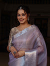 Banarasee Handloom Tissue Saree With Silver Zari Border-Lavender