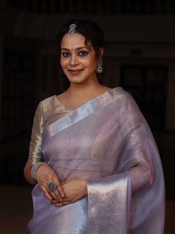 Banarasee Handloom Tissue Saree With Silver Zari Border-Lavender