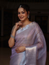 Banarasee Handloom Tissue Saree With Silver Zari Border-Lavender
