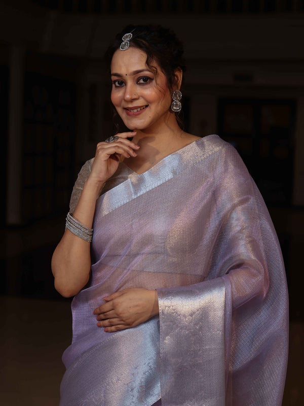 Banarasee Handloom Tissue Saree With Silver Zari Border-Lavender
