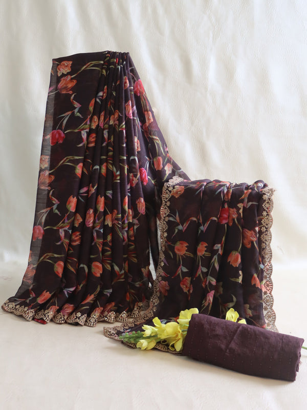 Banarasee Chiffon Floral Print Saree & Hand Work With Scallop Border-Brown