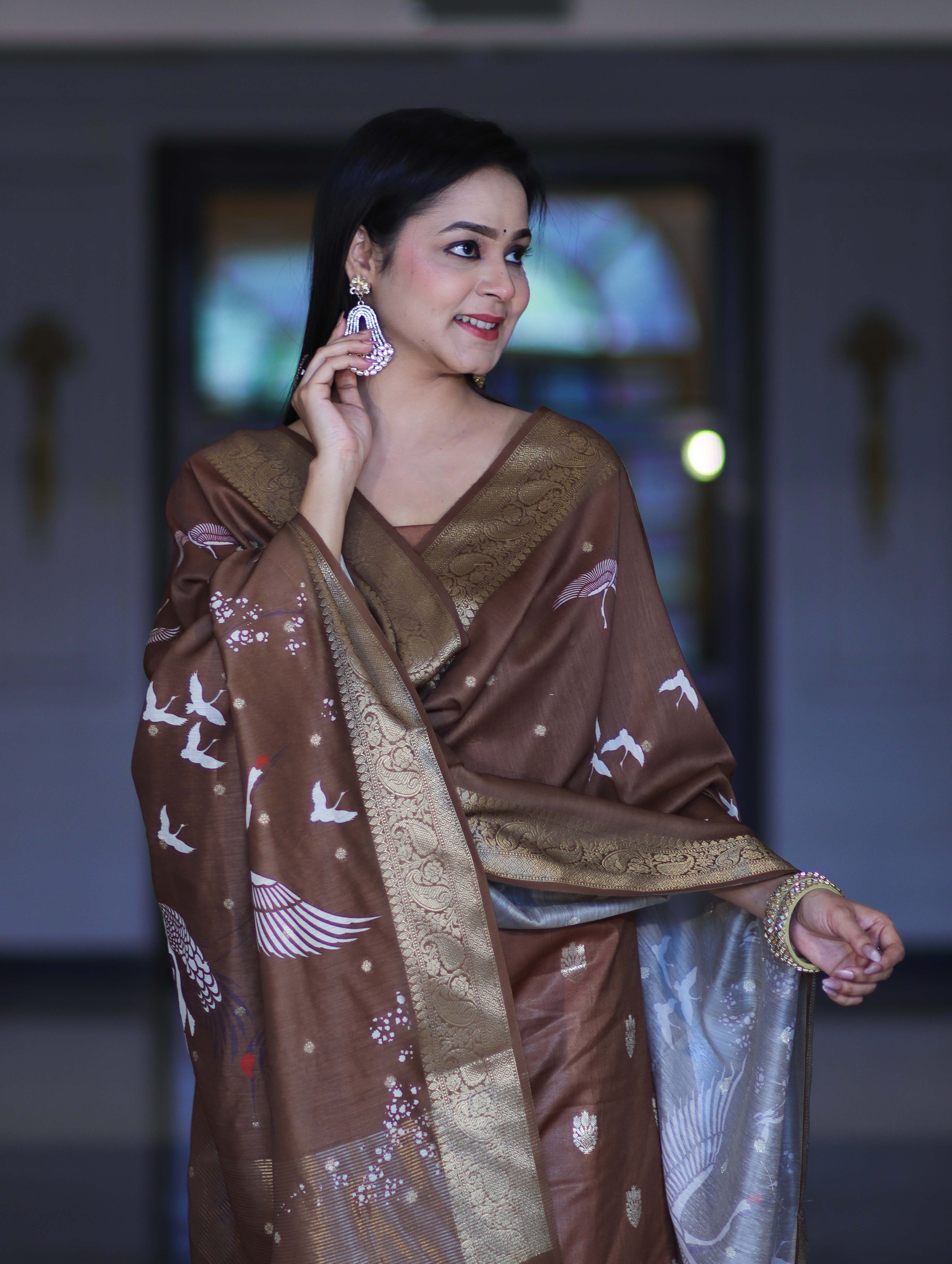 Banarasee Semi-Silk Zari Work Salwar Kameez Fabric With Digital Printed Dupatta Set-Brown