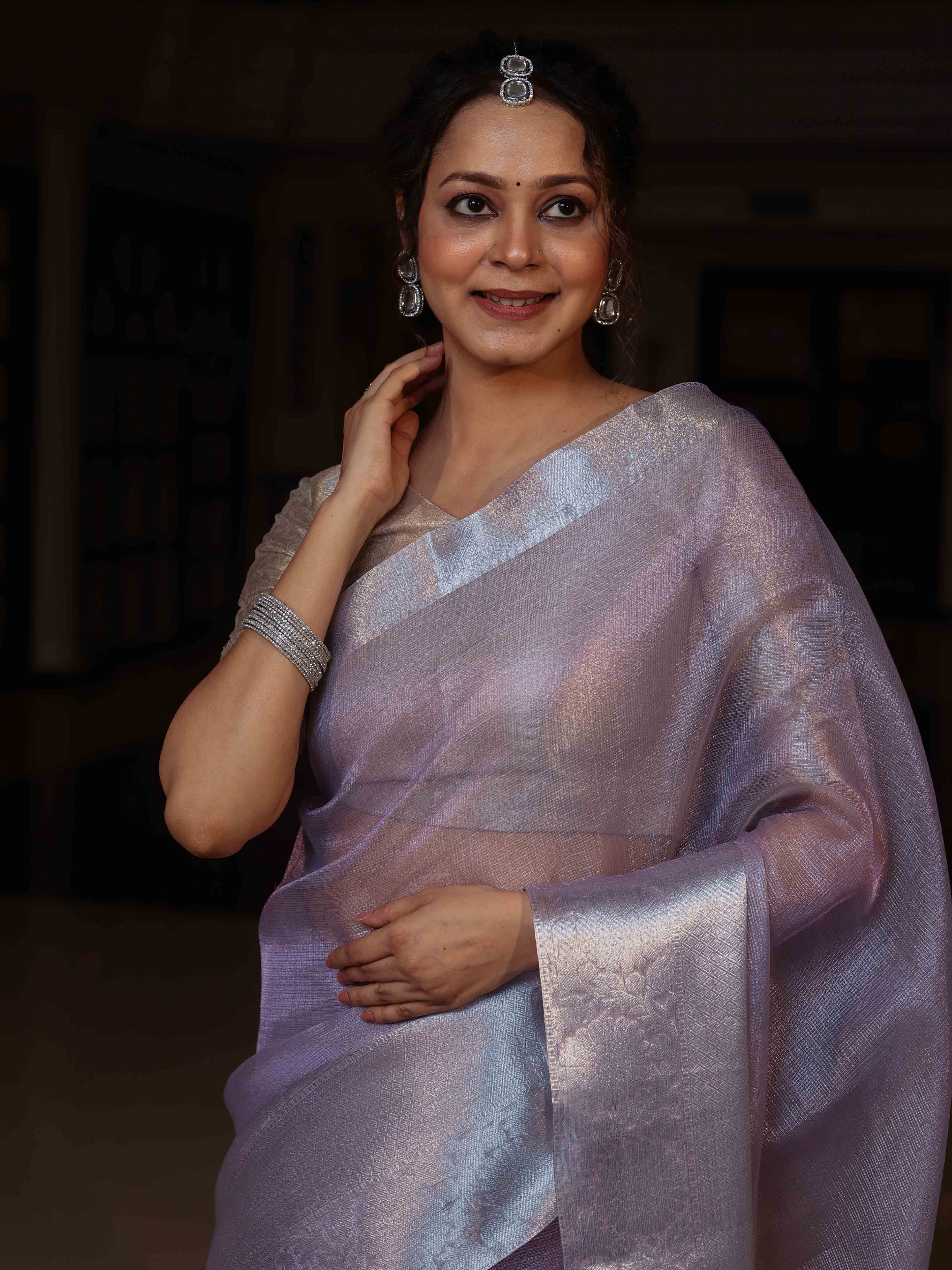 Banarasee Handloom Tissue Saree With Silver Zari Border-Lavender