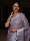 Banarasee Handloom Tissue Saree With Silver Zari Border-Lavender