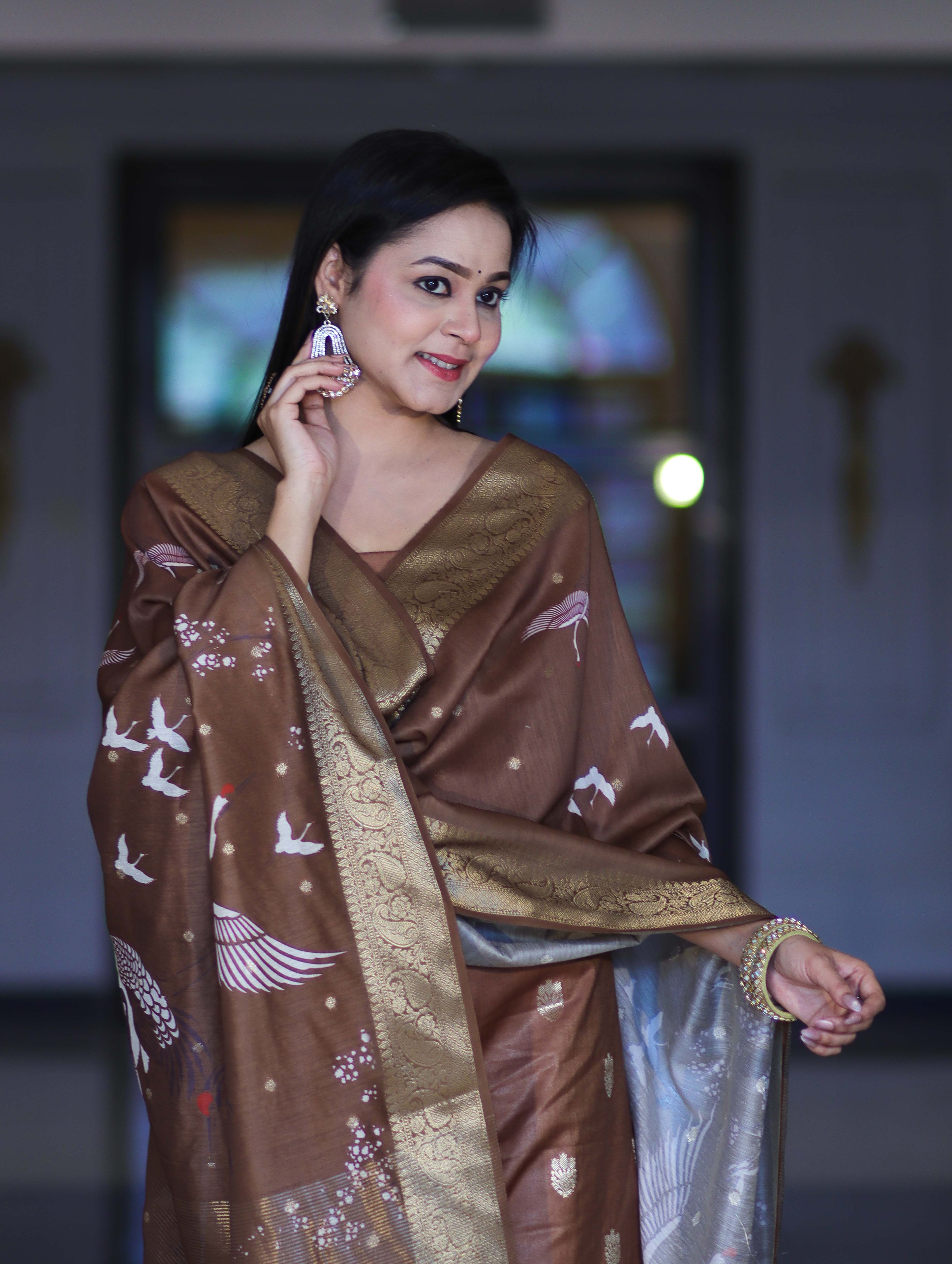 Banarasee Semi-Silk Zari Work Salwar Kameez Fabric With Digital Printed Dupatta Set-Brown