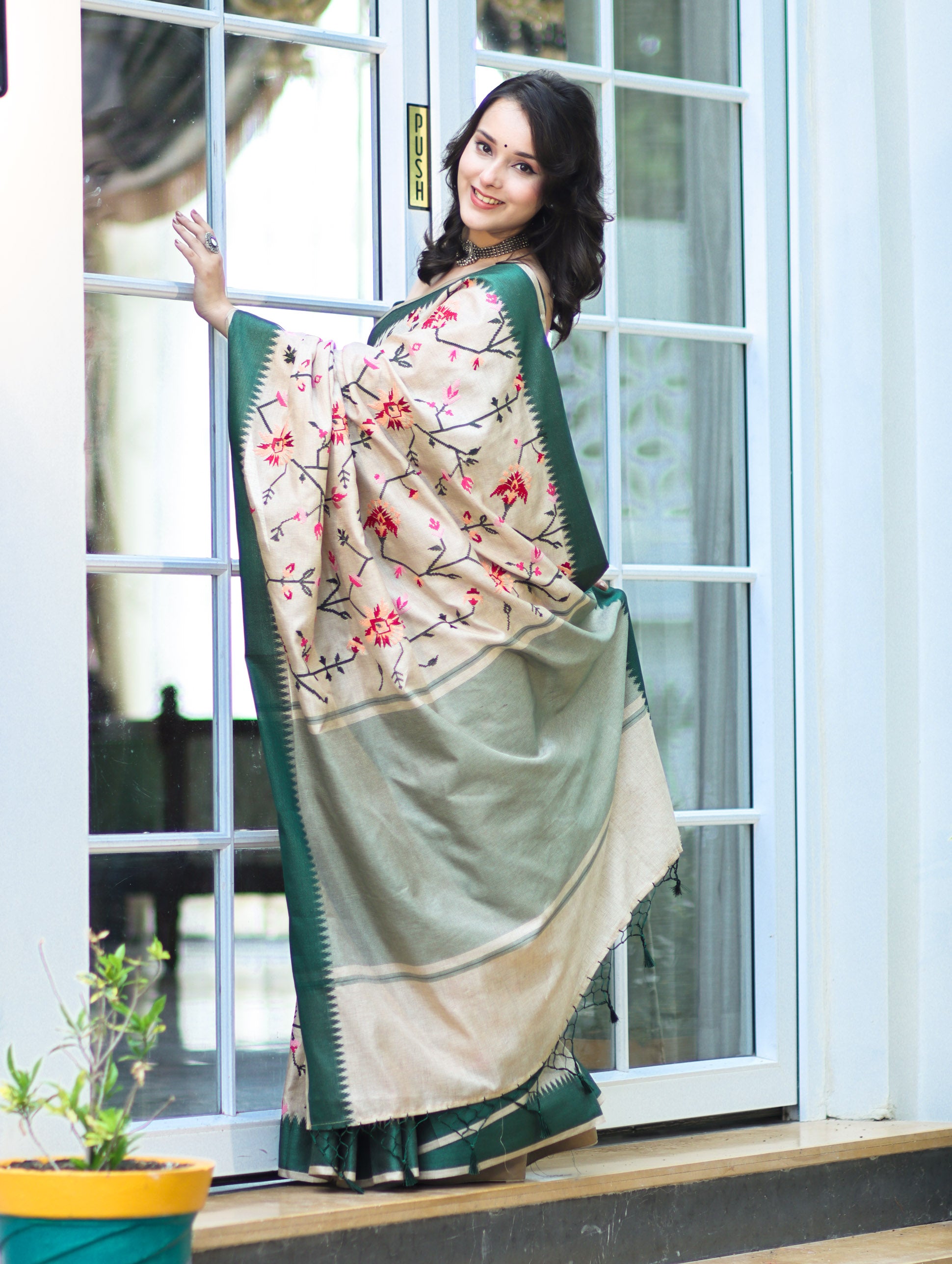 Banarasee Semi-Tussar Saree With Embroidered Floral Motifs & Border-Beige & Green