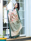 Banarasee Semi-Tussar Saree With Embroidered Floral Motifs & Border-Beige & Green