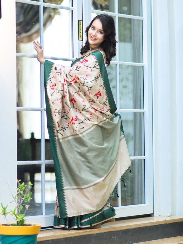 Banarasee Semi-Tussar Saree With Embroidered Floral Motifs & Border-Beige & Green