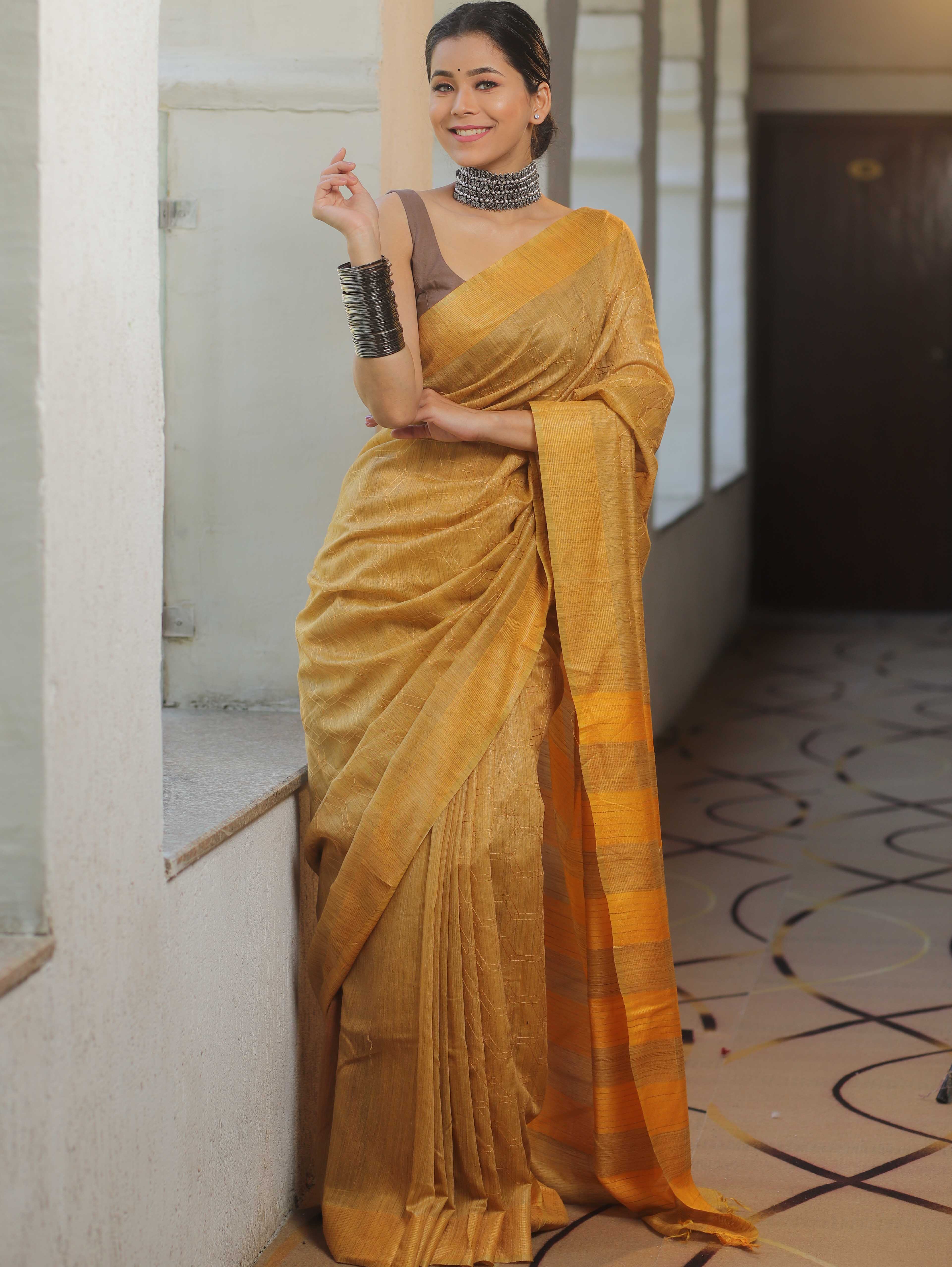 Bhagalpur Cotton Silk Ghichha Work Embroidered Saree-Yellow
