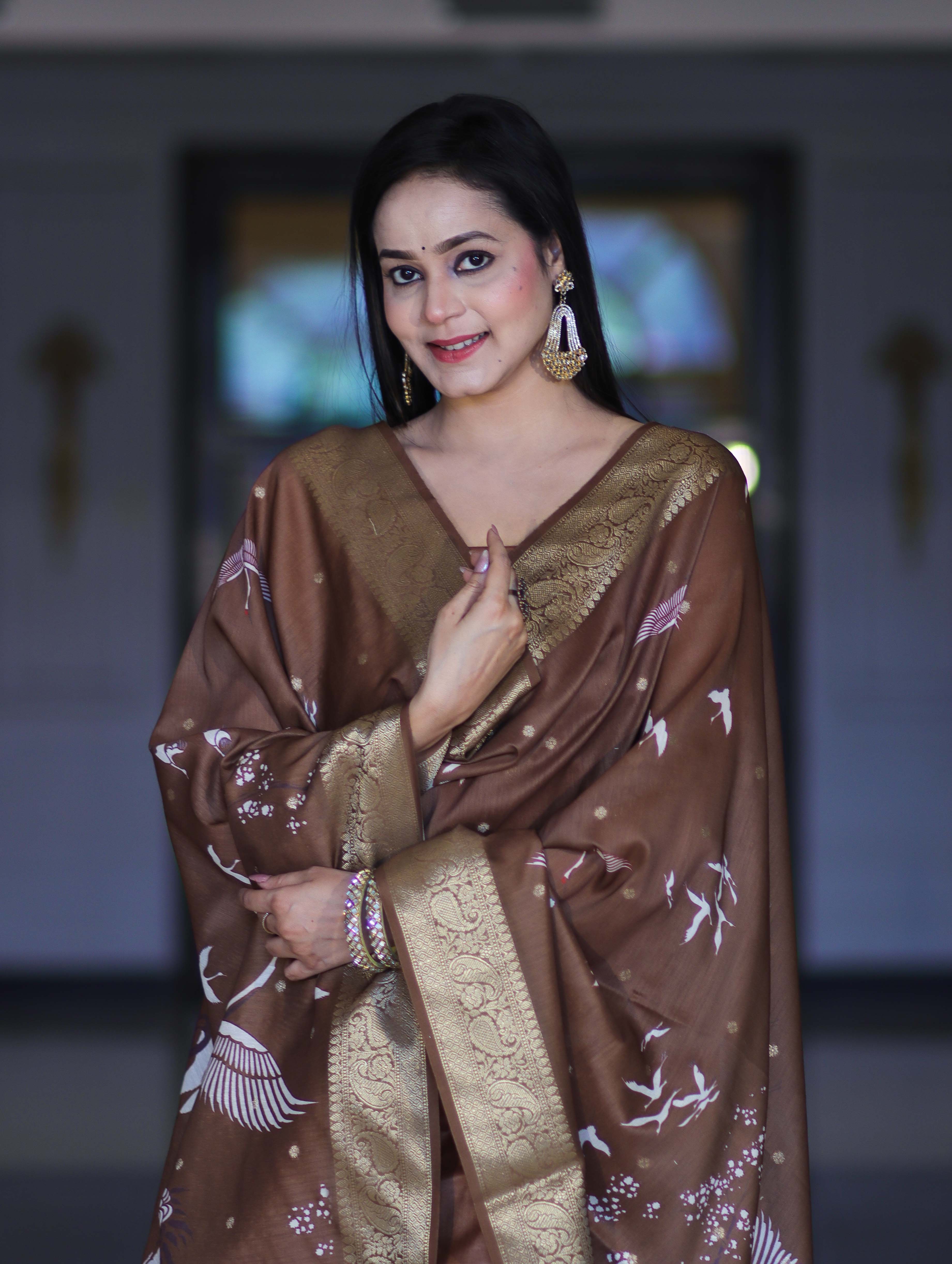 Banarasee Semi-Silk Zari Work Salwar Kameez Fabric With Digital Printed Dupatta Set-Brown